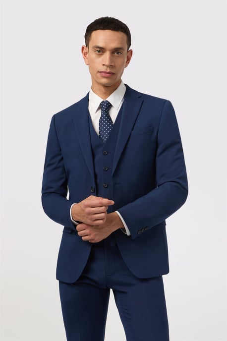 Single Breasted Long Sleeve Two Button Slim Fit Suit Jacket in Dark Blue - Image 1