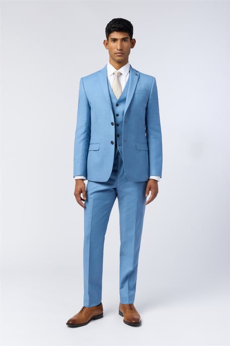 Single Breasted Long Sleeve Two Button Slim Fit Suit Jacket in Light Blue - Image 2