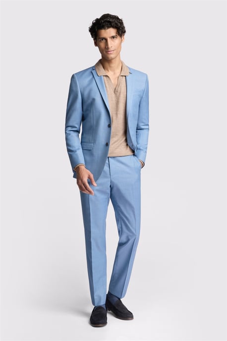 Single Breasted Long Sleeve Two Button Slim Fit Suit Jacket in Light Blue - Image 4