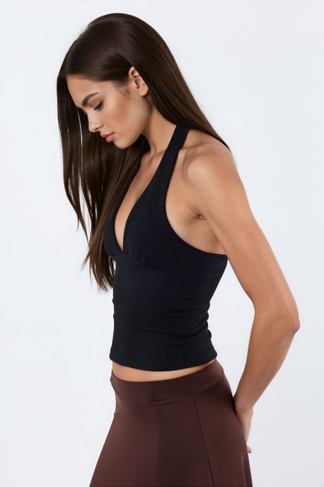 Fitted Halter Crop Blouse with Cut-Out Detail - Image 2