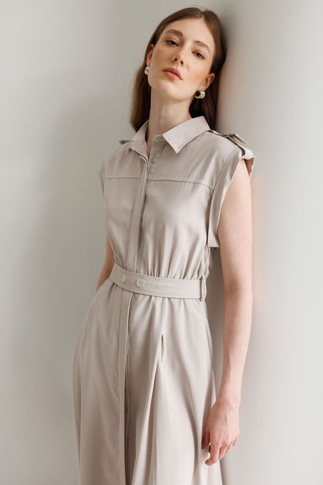 Textured A-Line Midi Shirt Dress with Belt - Image 2