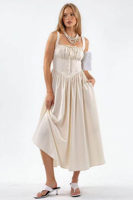 Midi Dress with Square Collar and Button Detail - Image 4