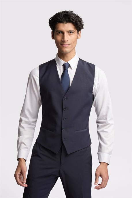 Single Breasted Five Button V-neck Slim Fit Suit Waistcoat in Dark Blue - Image 1