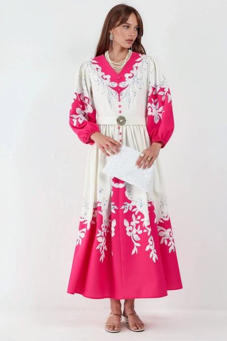 Bloemen Maxi Jurk met V-hals en Knoopdetails - Image 4