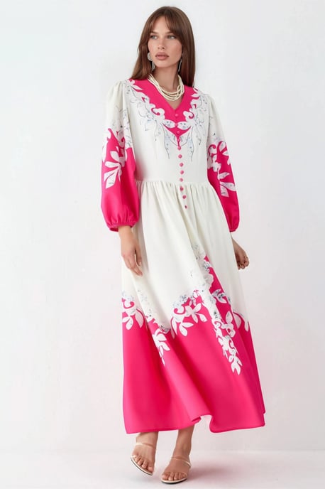 Bloemen Maxi Jurk met V-hals en Knoopdetails - Image 5