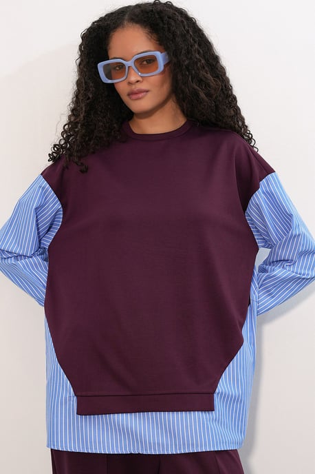 Randig lång t-shirt med rund hals, tvådelad set - Image 2