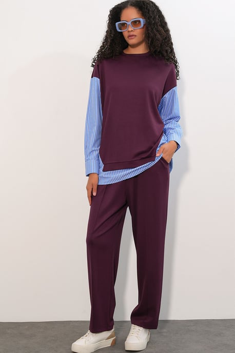 Randig lång t-shirt med rund hals, tvådelad set - Image 4