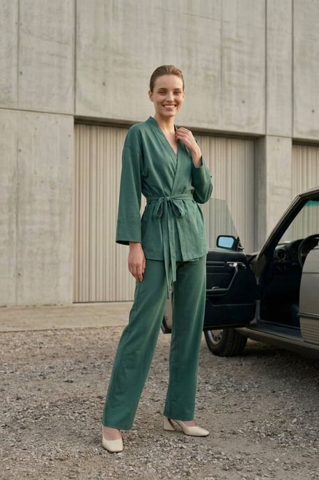 Belted V-neck Long Sleeve Two-Piece Set - Image 2