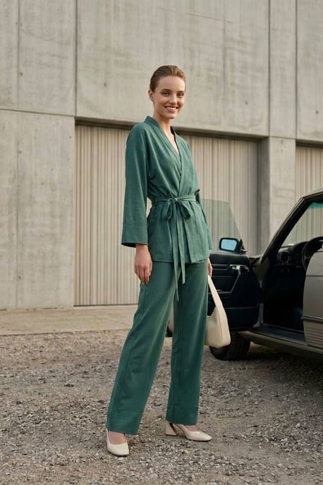 Belted V-neck Long Sleeve Two-Piece Set - Image 3