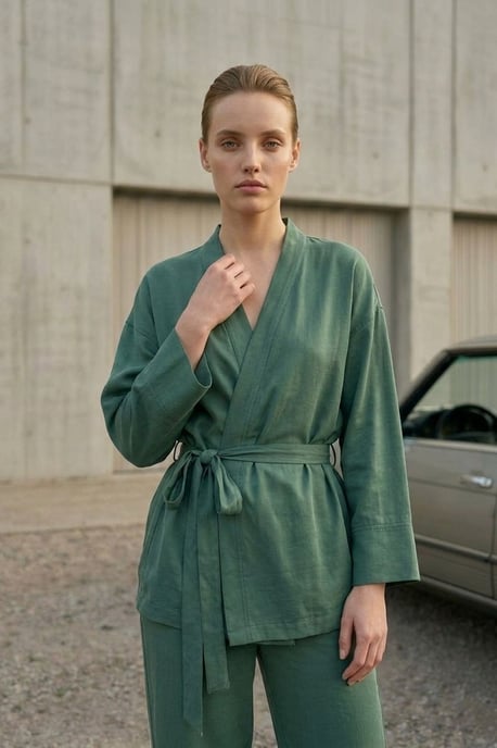 Belted V-neck Long Sleeve Two-Piece Set - Image 4