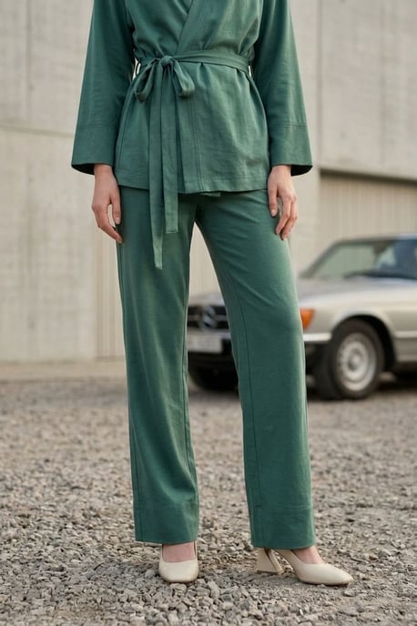 Belted V-neck Long Sleeve Two-Piece Set - Image 5