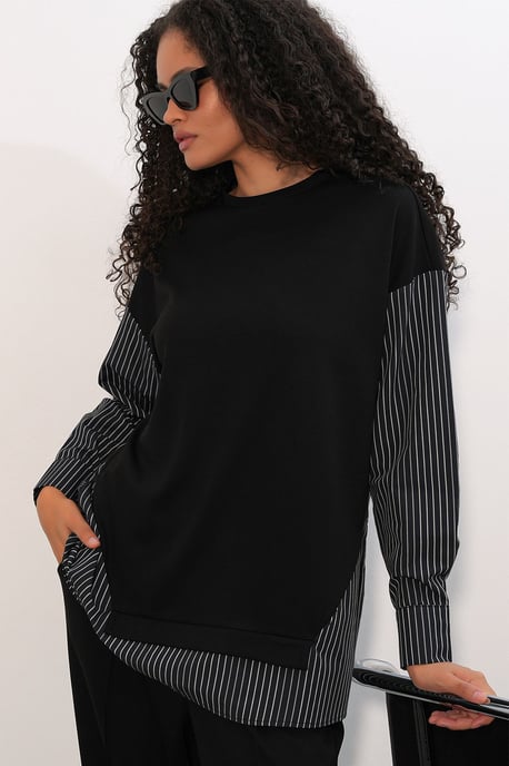 Randig lång t-shirt med rund hals, tvådelad set - Image 2