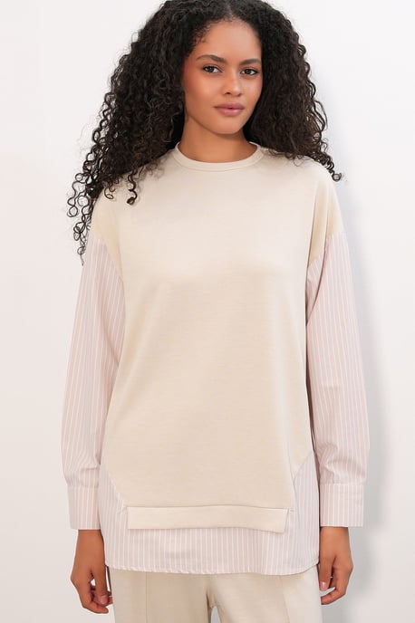 Randig lång t-shirt med rund hals, tvådelad set - Image 2