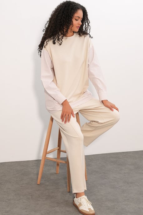 Randig lång t-shirt med rund hals, tvådelad set - Image 3
