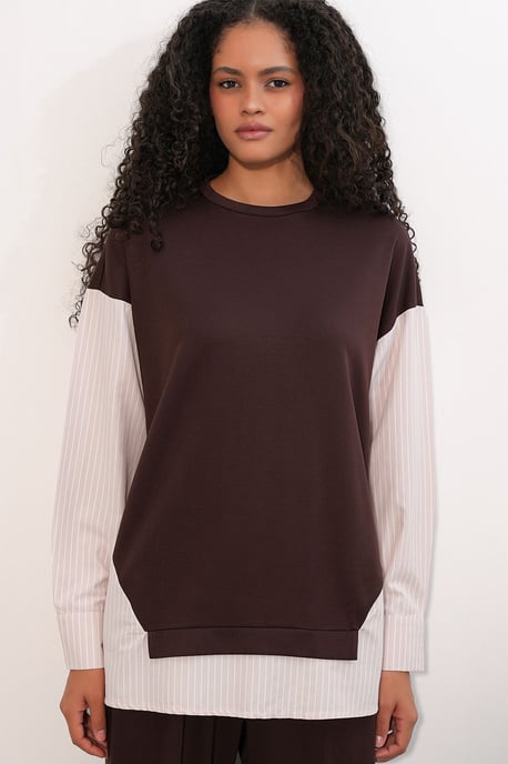 Randig lång t-shirt med rund hals, tvådelad set - Image 2