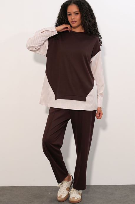 Randig lång t-shirt med rund hals, tvådelad set - Image 3