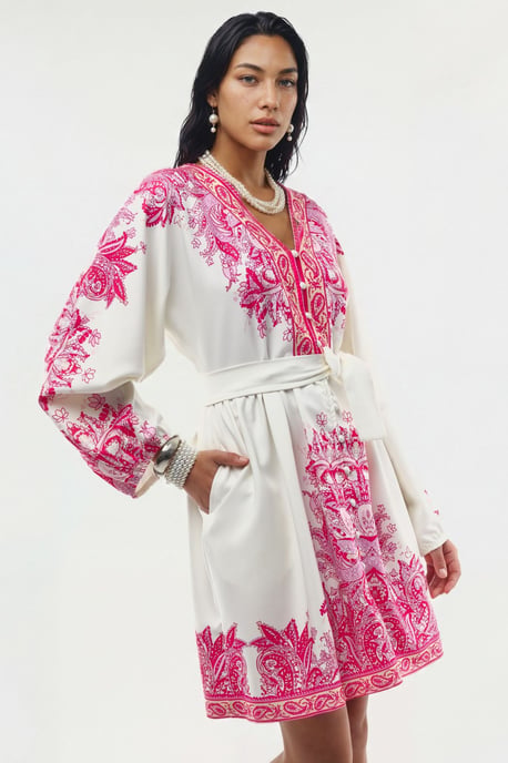 Belted Mini Dress with V-Neck in Paisley - Image 2