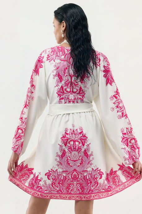 Belted Mini Dress with V-Neck in Paisley - Image 3