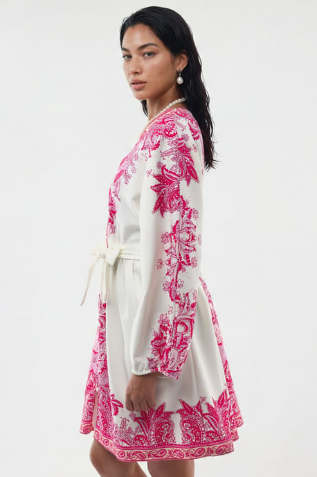 Belted Mini Dress with V-Neck in Paisley - Image 4
