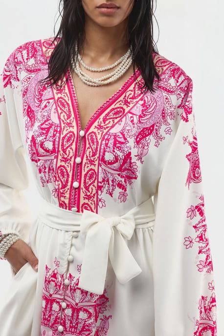 Belted Mini Dress with V-Neck in Paisley - Image 5