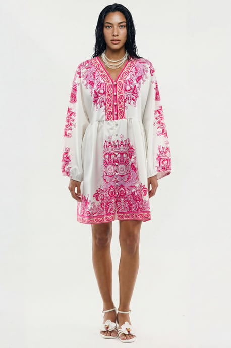 Belted Mini Dress with V-Neck in Paisley - Image 6