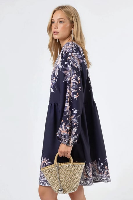 Belted Mini Dress with V-Neck in Paisley - Image 2