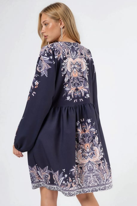 Belted Mini Dress with V-Neck in Paisley - Image 3