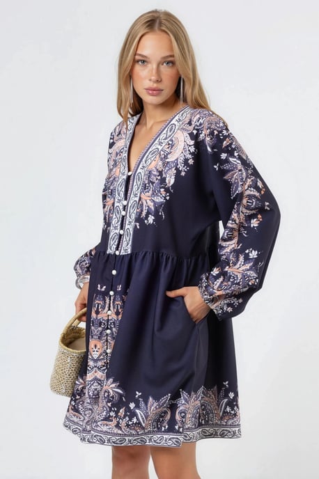 Belted Mini Dress with V-Neck in Paisley - Image 4