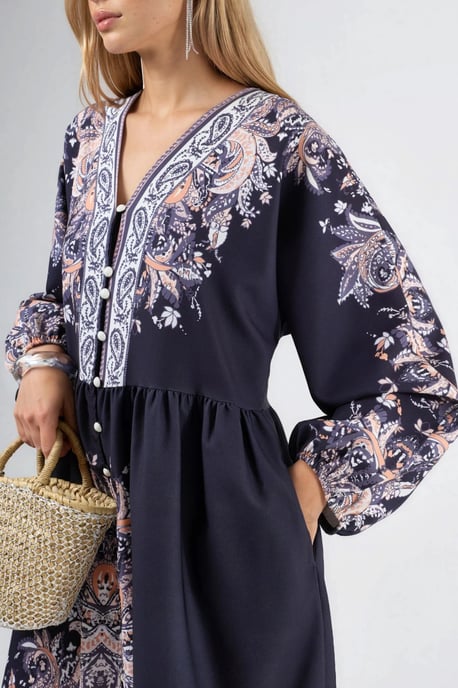 Belted Mini Dress with V-Neck in Paisley - Image 5