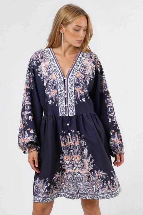 Belted Mini Dress with V-Neck in Paisley - Image 6