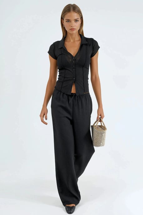 Textured Knitted Short Sleeve Shirt with Buttons - Image 4