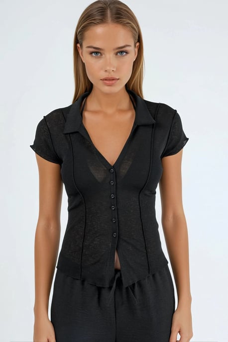 Textured Knitted Short Sleeve Shirt with Buttons - Image 5