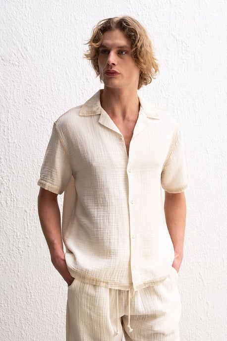 Heren Katoenen Gestructureerde Korte Mouwen Shirt - Image 1
