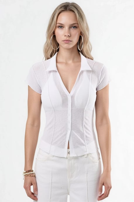 Textured Knitted Short Sleeve Shirt with Buttons - Image 6