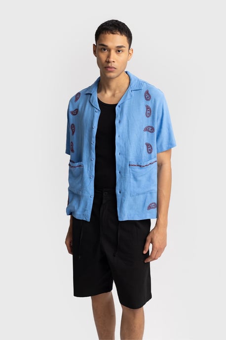 Men's Cotton Embroidered Poplin Short Sleeve Shirt - Image 2