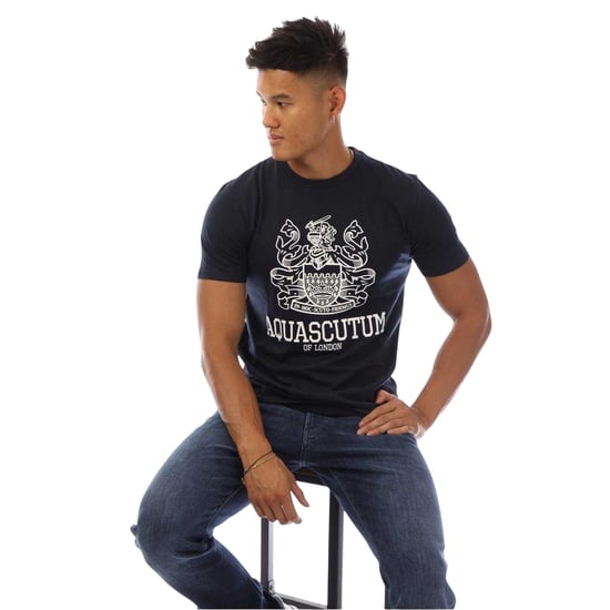 Aquascutum Mannen Shield Logo Crew Neck T-Shirt (Zwart/Wit) - Image 3