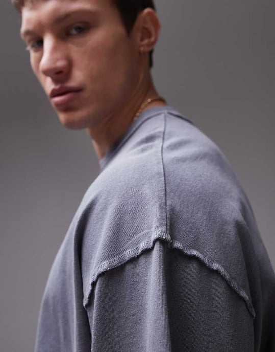 Topman extremt oversized tvättad t-shirt med rå sömdetalj i grått - Image 4