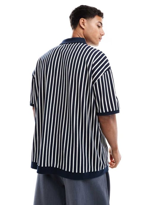 ASOS DESIGN oversized polo i svart och vit randig - Image 4