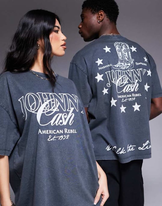 ASOS DESIGN unisex oversized t-shirt med Johnny Cash-tryck i tvättad svart - Image 1