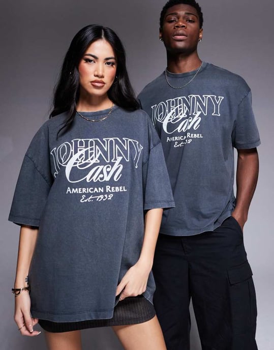 ASOS DESIGN unisex oversized t-shirt med Johnny Cash-tryck i tvättad svart - Image 4