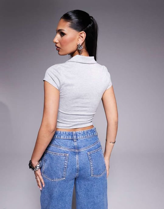 ASOS DESIGN kragblus med kort ärm och korsettdetalj i gråmelerad färg - Image 4