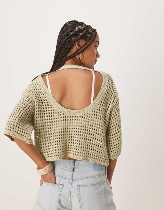 ASOS DESIGN stickad avslappnad t-shirt med öppet stickat mönster i grön - Image 2