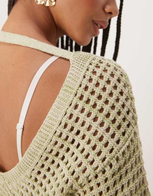 ASOS DESIGN stickad avslappnad t-shirt med öppet stickat mönster i grön - Image 4
