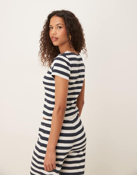 ASOS DESIGN baby tee med knapppdetail i marinblått och vitt randig koord - Image 4