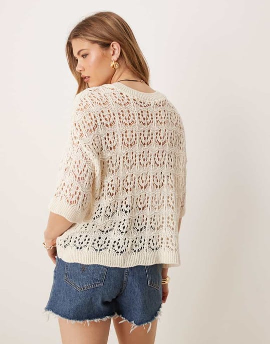 ASOS DESIGN öppen stickad avslappnad t-shirt i ecru - Image 4