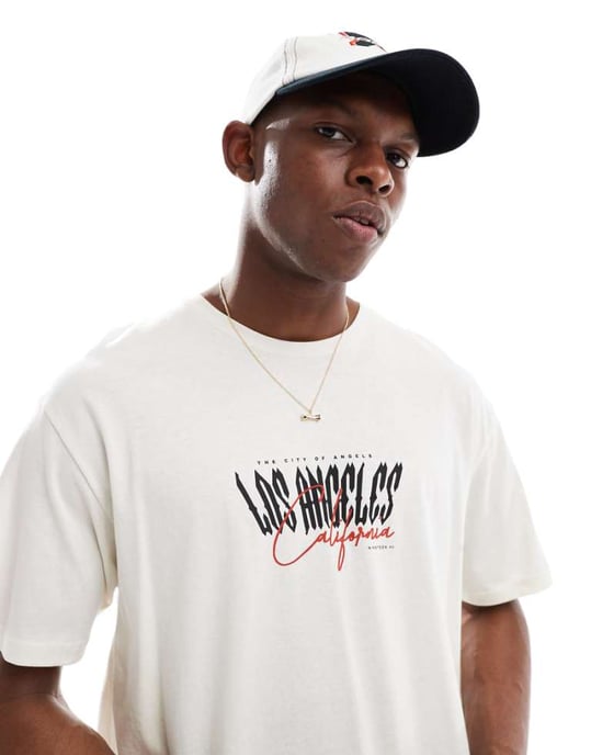 Jack & Jones oversized t-shirt med Los Angeles-tryck i krämfärg - Image 1