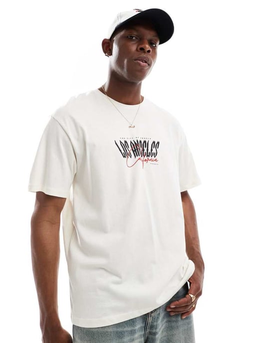 Jack & Jones oversized t-shirt med Los Angeles-tryck i krämfärg - Image 2