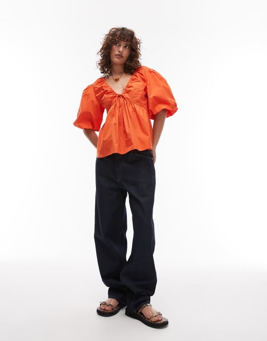 Topshop poplin puffärmstopp i orange - Image 2
