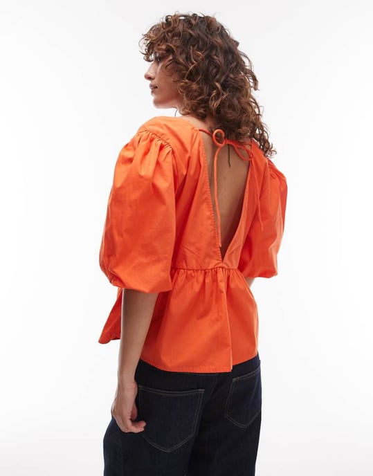 Topshop poplin puffärmstopp i orange - Image 3