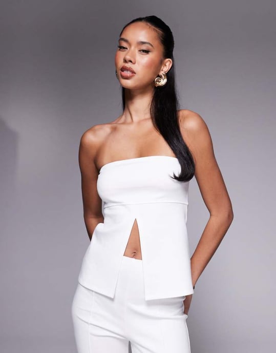 ASOS DESIGN samordnad ponte strukturerad delad framsida lång bandeau i elfenben - Image 1